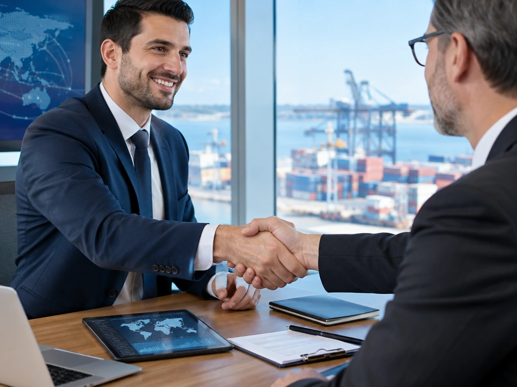 Ejecutivos de Trading & Sourcing en México cerrando un trato de importación internacional con un apretón de manos en una oficina con vista al puerto.